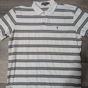 Polo Ralph Lauren. SS Collared Polo Shirt. White w/ navy & grey stripes. XXL